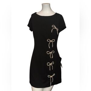 Endearing Sparkle Black Rhinestone Bow Mini Dress